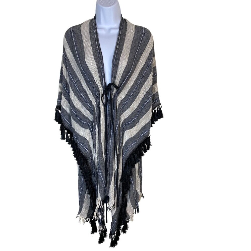 BcbgMaxAzria Gray White Striped Fringe Poncho Coverup Size OS Swim‎ vacation
